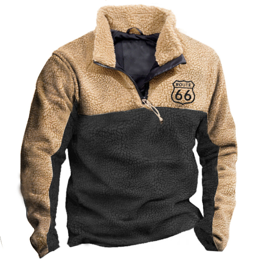 

Sudadera Con Cuello Con Cremallera 1/4 De Forro Polar Bordado Route 66 Para Hombre Jersey Táctico De Color De Contraste Vintage Para Exteriores