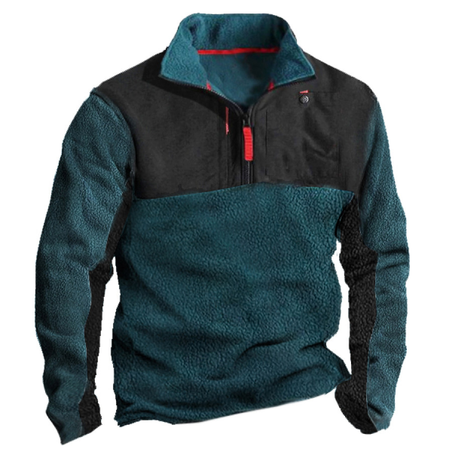 

Men's Fleece Half Zip Stand Collar Sweatshirt Outdoor Vintage Contrast Color Zippered Pocket Tactical Pullover