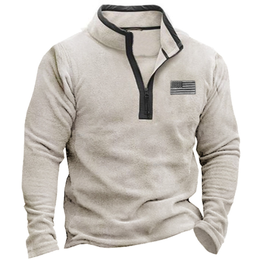 

Sweat-shirt Polaire Demi-zippé Pour Hommes Drapeau Américain Extérieur Fermeture éclair 1/4 Vintage Col Montant Petit Grain Pull Tactique Tactique