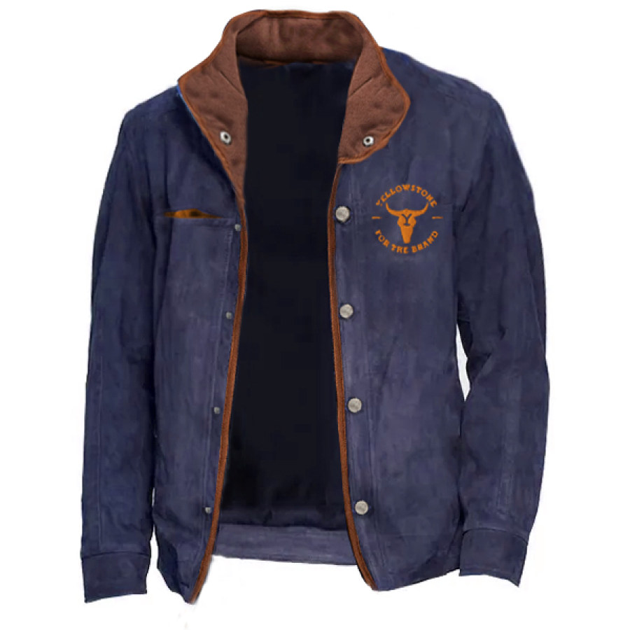 

Men's Vintage Yellowstone Embroidery Suede Flight Jacket Outdoor Plush Collar Snap Button Coats