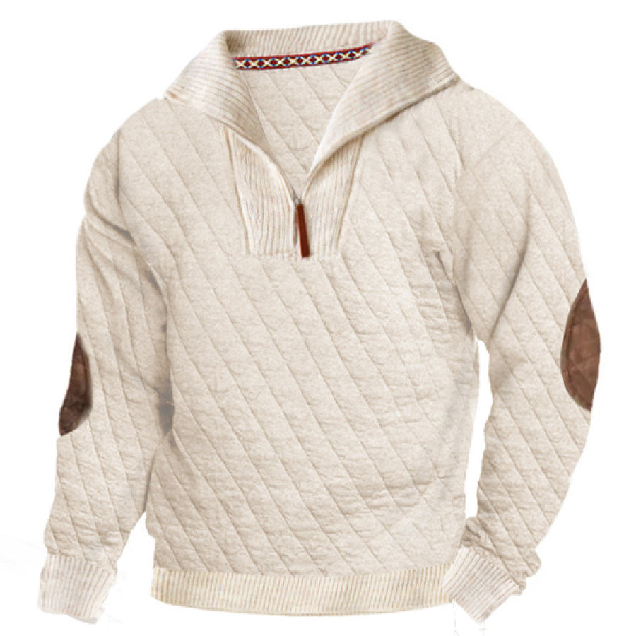 

Sweat-shirt Matelassé Pour Hommes Décontracté Fermeture éclair Col Châle Rétro Manches En Daim Patchwork Pull Tactique épais