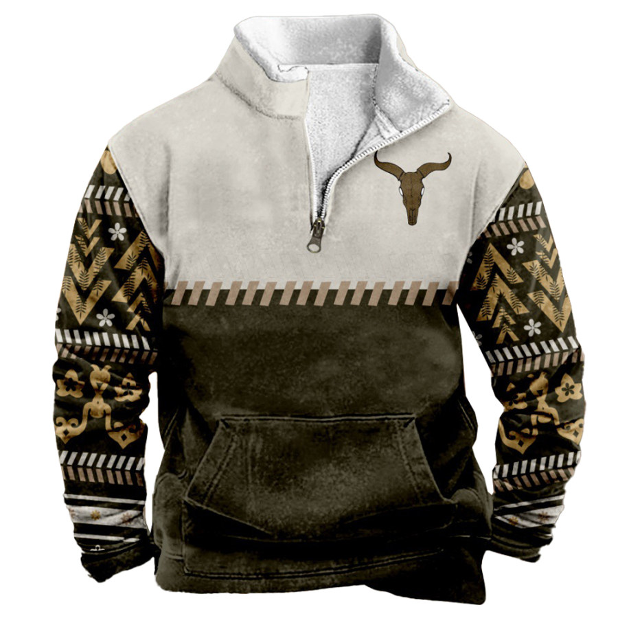 

Herren-Sweatshirt Mit Retro-Western-Ethno-Print Lässig Tasche Reißverschluss Stehkragen Cowboy-Sweatshirt