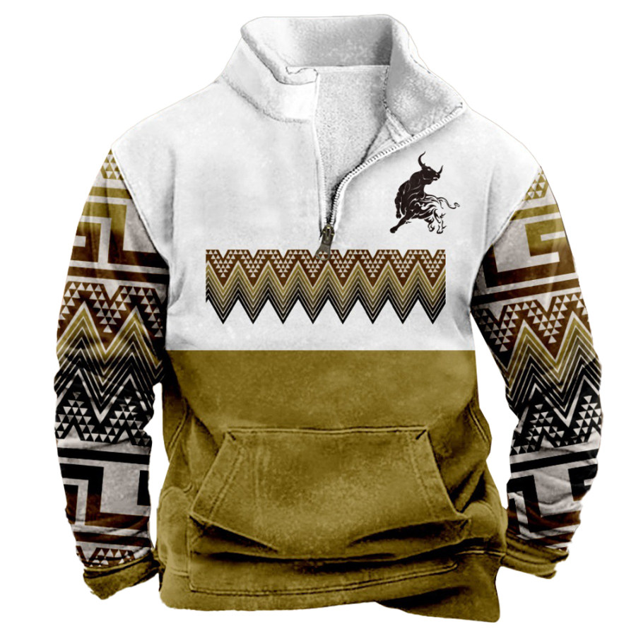 

Herren-Sweatshirt Mit Retro-Western-Ethno-Print Lässiger Tasche Reißverschluss Stehkragen Cowboy-Sweatshirt