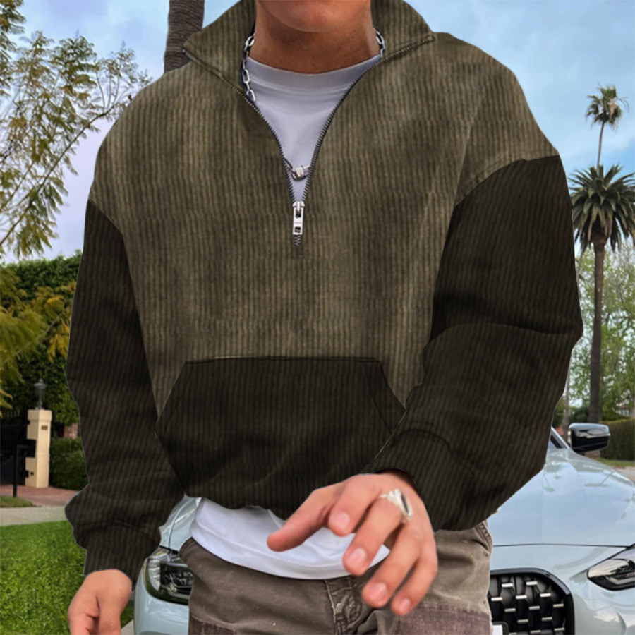 

Lässiges Herren-Sweatshirt Aus Cord Mit Tasche Lockerem Reißverschluss Und Stehkragen