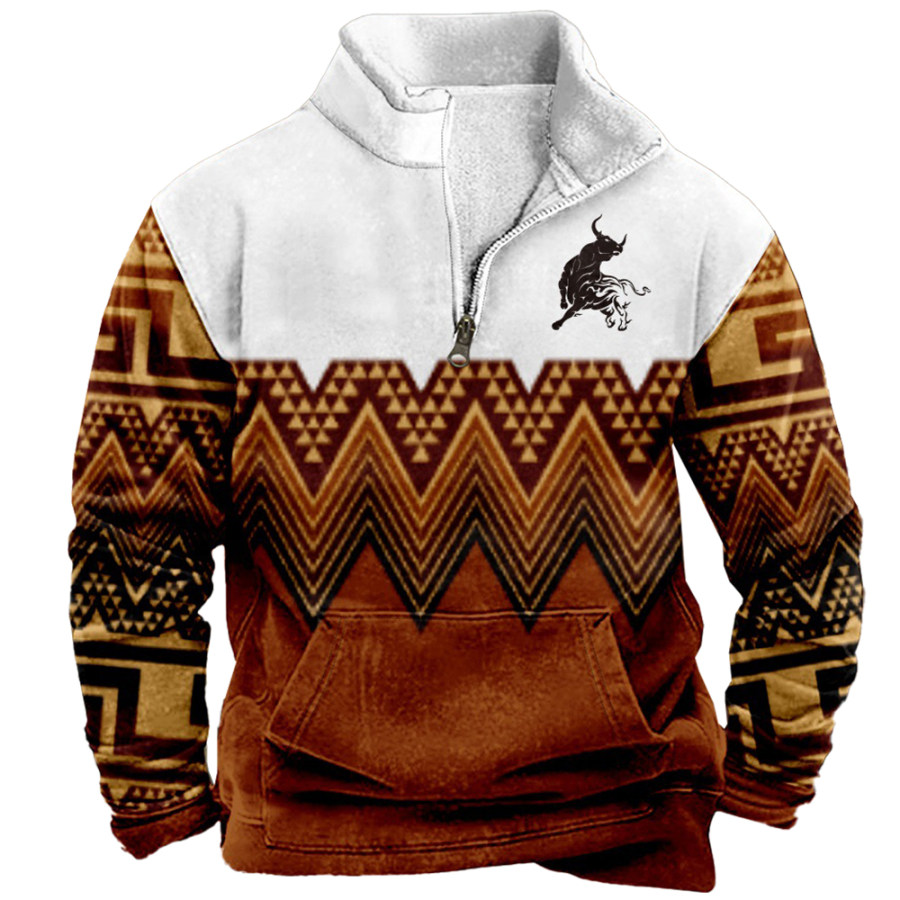 

Herren-Sweatshirt Mit Retro-Western-Ethno-Print Lässiger Tasche Reißverschluss Stehkragen Cowboy-Sweatshirt