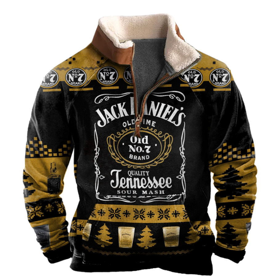 

Herren-Sweatshirt Im Vintage-Stil Mit Jack Daniel's-Weihnachtsprint Und Stehkragen Mit Halbem Reißverschluss