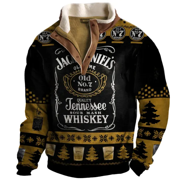 Men's Vintage Jack Daniel's Christmas Print Half-Zip Stand Collar Sweatshirt - Cotosen.com