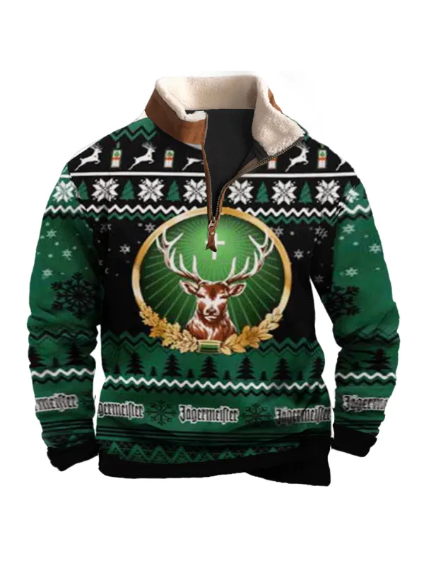 Unisex Jägermeister 1/4 Zip Collar Fun 3D Printed Christmas Sweatshirt - Timetomy.com 
