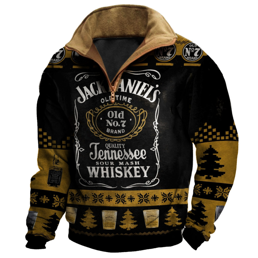 

Мужской винтажный свитшот с молнией до половины и лацканами Jack Daniel's с рождественским принтом