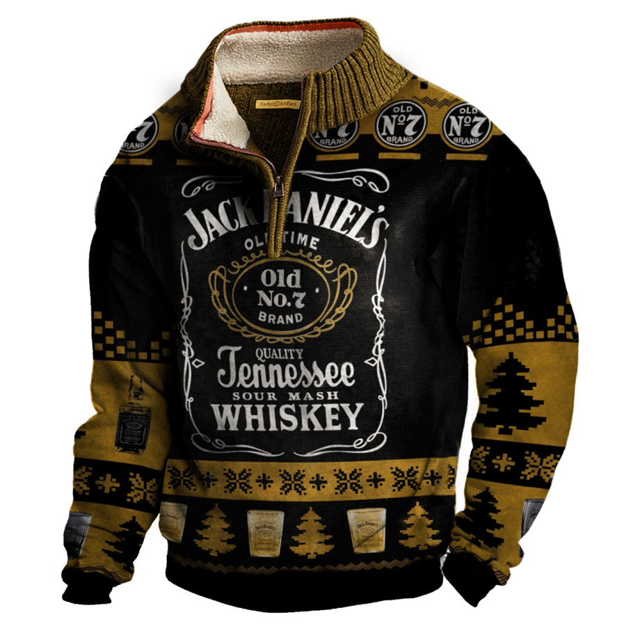 

Herren-Sweatshirt Im Vintage-Stil Mit Jack Daniel's-Weihnachtsprint Und Stehkragen Mit Halbem Reißverschluss