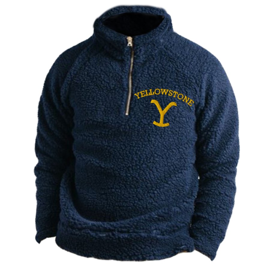 

Herren-Sweatshirt Aus Vintage-Fleece Mit Yellowstone-Stickerei Warm Mit Schwerem Reißverschluss Am Hals