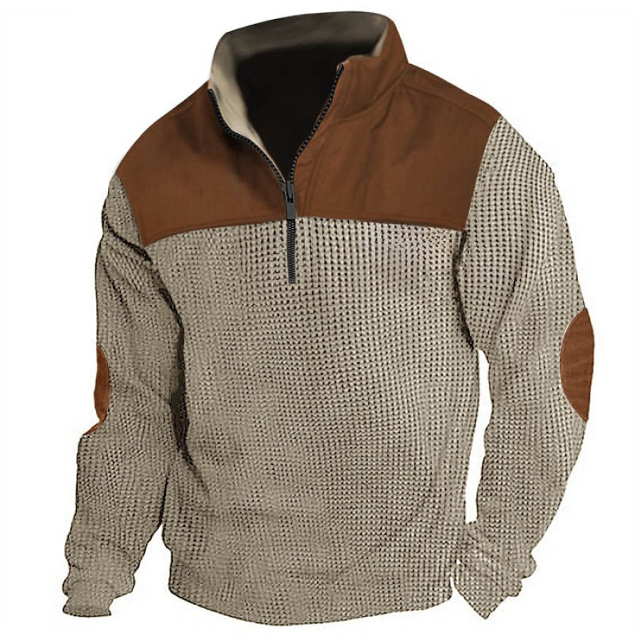 

Sudadera Para Hombre Vintage Waffle Con Media Cremallera Y Cuello Alto Colorblock Tops Diarios