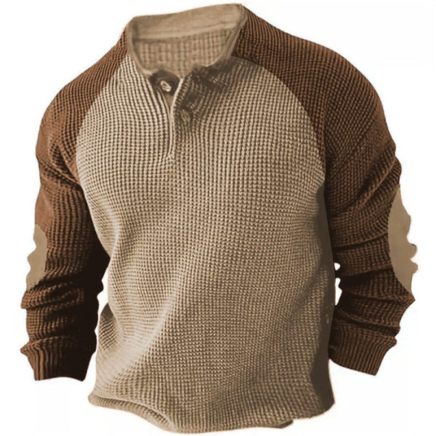 

Men's T-Shirt Henley Vintage Waffle Colorblock Long Sleeve Outdoor Daily Tops Khaki