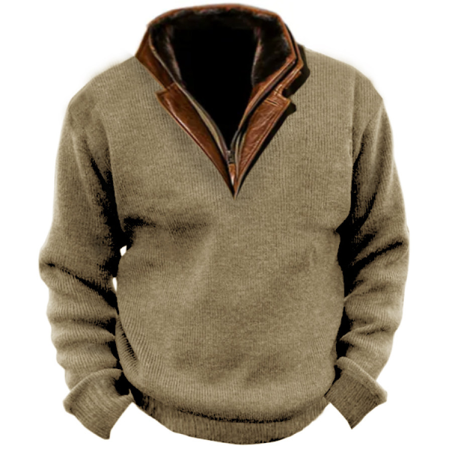 

Sudadera De Punto Para Hombre Suéter Táctico Con Cuello De Cuero De Piel Vintage Para Exteriores