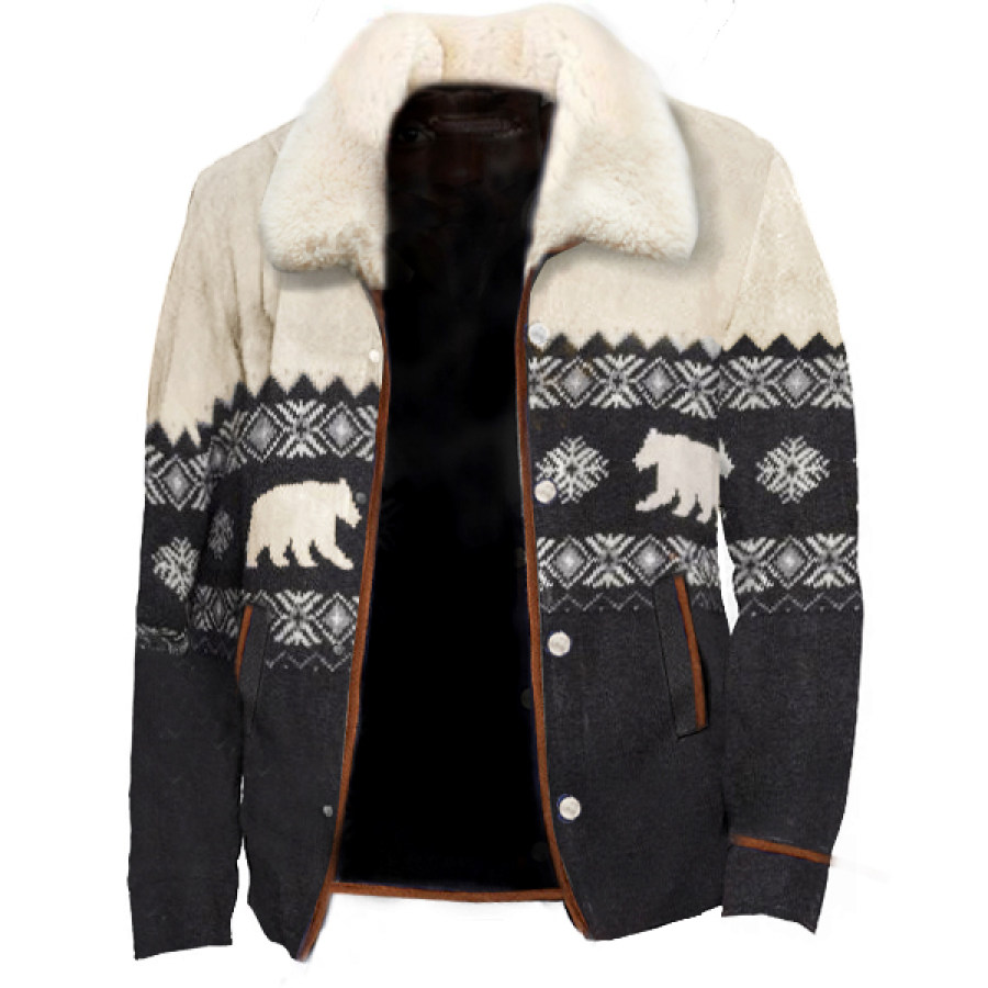 

Men's Outdoor Fur Collar Christmas Printed Woolen Jacket