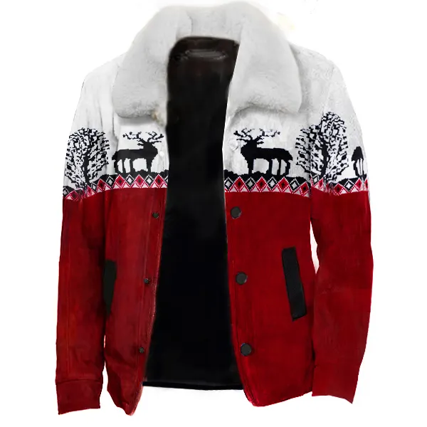 Men's Outdoor Christmas Elk Print Woolen Jacket Detachable Fur Collar Coats - Cotosen.com