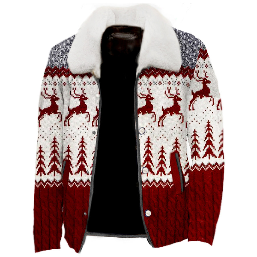 

Men's Outdoor Christmas Print Woolen Jacket Detachable Fur Collar Coats