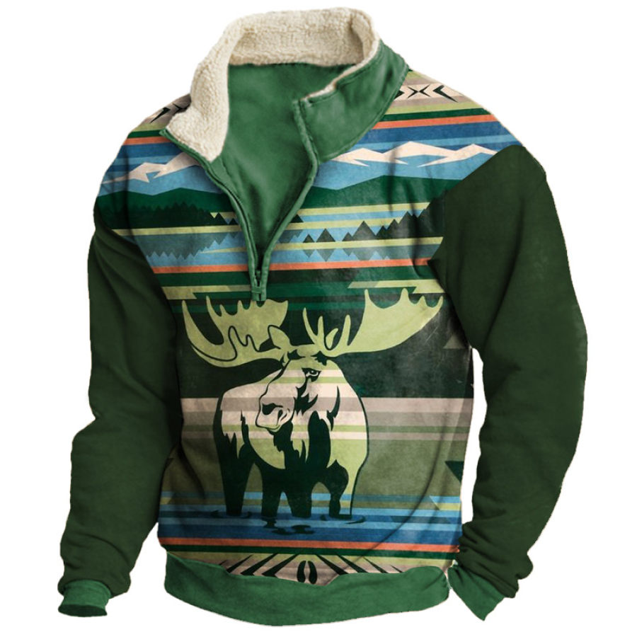 

Herren-Fleece-Sweatshirt Mit Halbem Reißverschluss Und Vintage-Elch-Print