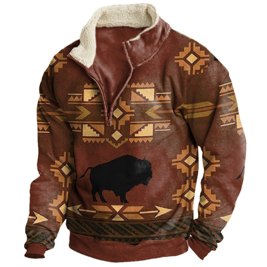 

Herren-Fleece-Sweatshirt Mit Halbem Reißverschluss Retro-Ethno-Stil Wolfsbraun