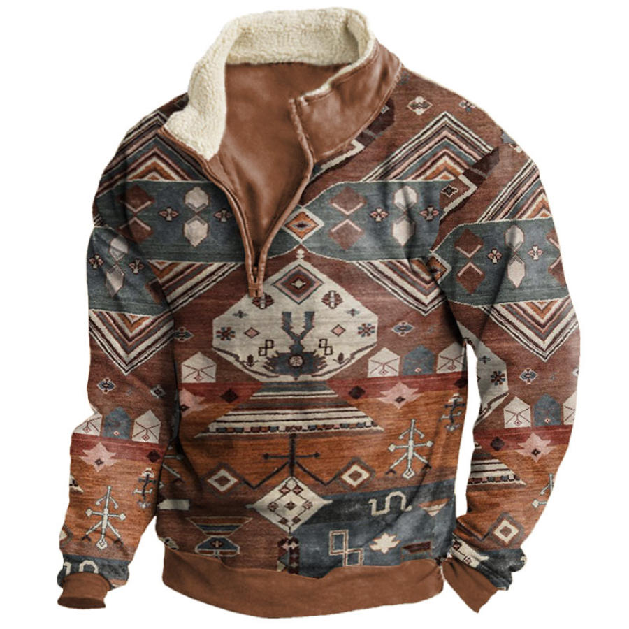 

Herren-Fleece-Sweatshirt Mit Halbem Reißverschluss Und Retro-Ethno-Print