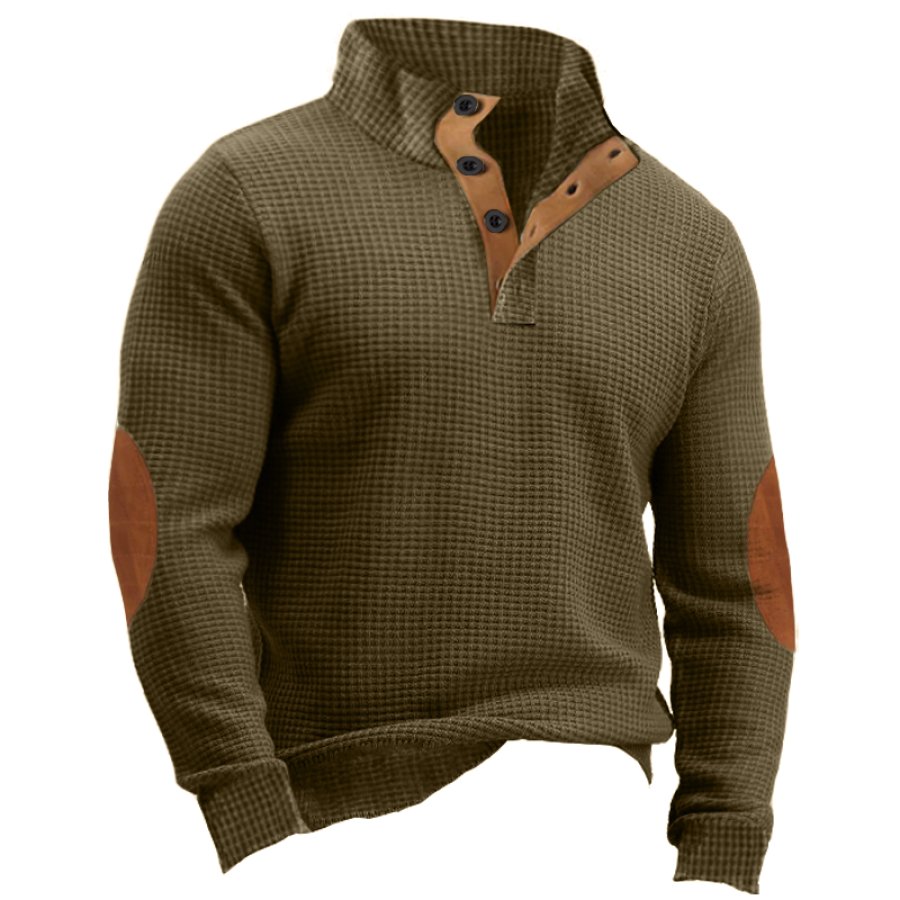 

Sudadera De Manga Larga Estilo Gofre Vintage Con Diseño Henley Y Bloques De Color Para Hombre