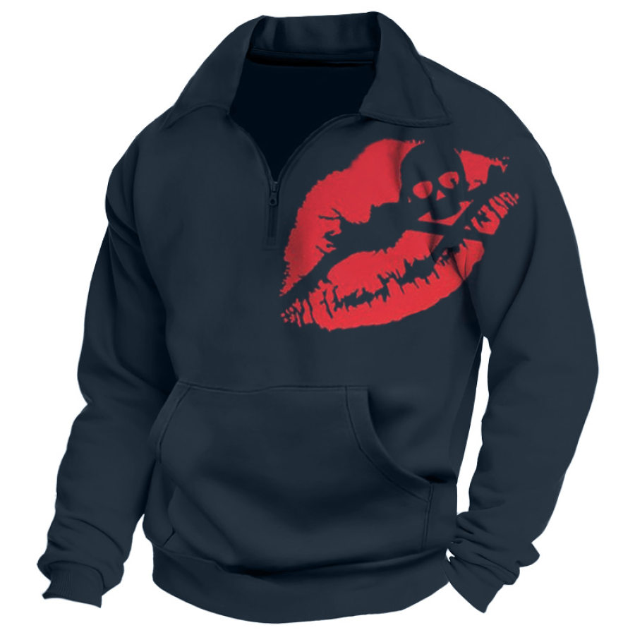 

Men's Funny Red Lip Skull Print 1/4 Quarter Zipper Sweatshirt