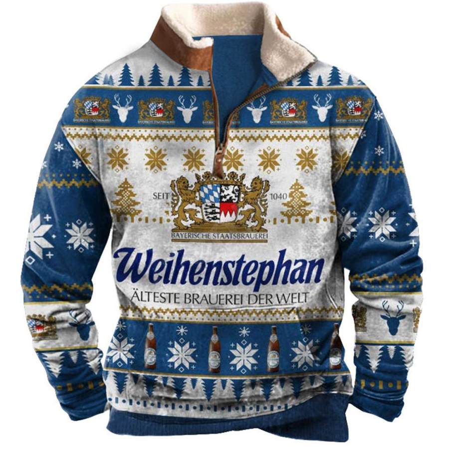 

Men's Sweatshirt Quarter Zip Weihenstephan Ugly Christmas Plush Collar Vintage Daily Tops