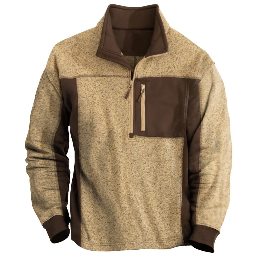 

Herren-Sweatshirt Outdoor-Reißverschluss Tasche Halber Reißverschluss Taktisches Farbblock-Tagesoberteil Khaki