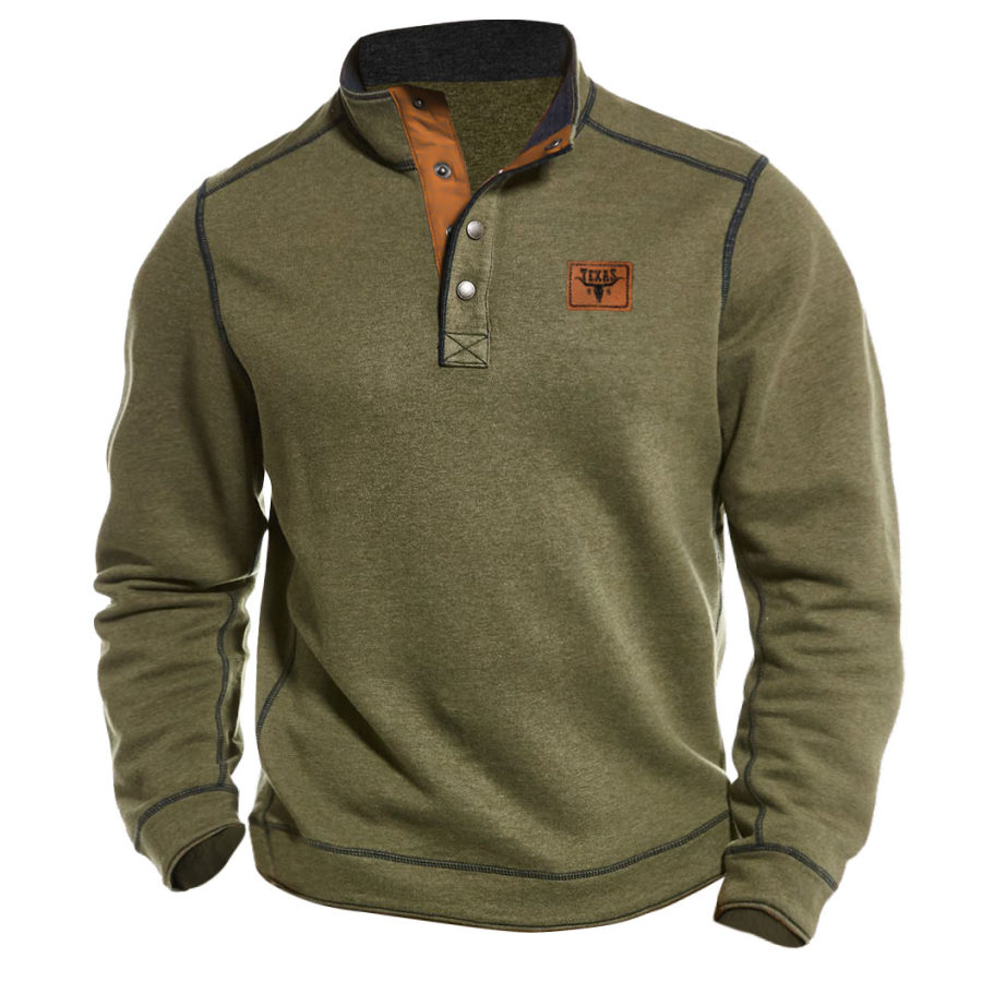

Men's Sweatshirt Vintage Texas Bullhead Snap Contrast Color Daily Pollover