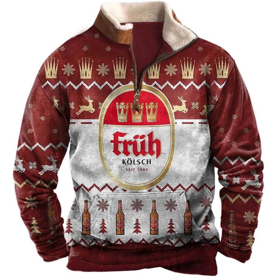 

Men's Sweatshirt Quarter Zip Fruh Kolsch 1904 Ugly Christmas Plush Collar Vintage Daily Tops