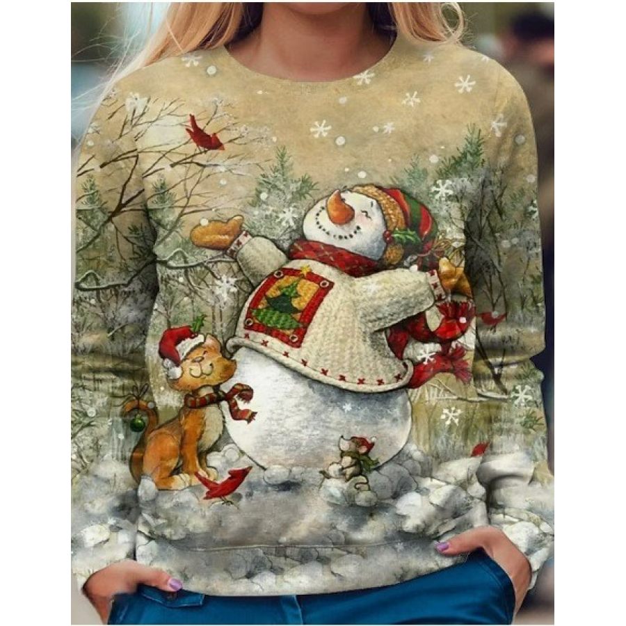 

Damen-Weihnachts-Sweatshirt Mit Retro-Schneemann-Aufdruck Und Rundhalsausschnitt
