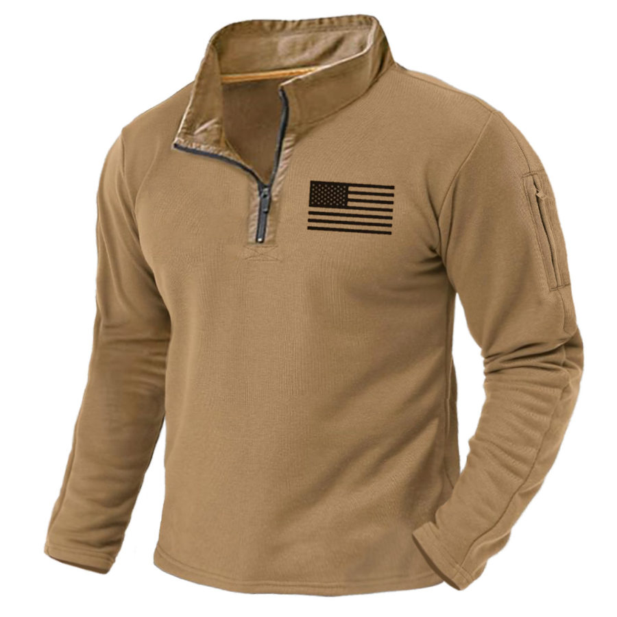 

Sudadera Para Hombre Bandera Americana Bolsillo Con Cremallera Al Aire Libre Cremallera De Un Cuarto Tops Tácticos Diarios Caqui