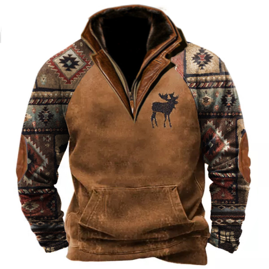 

Men's Outdoor Suede Polo Collar Sweatshirt Ethnic Print Raglan Sleeves Polo Top
