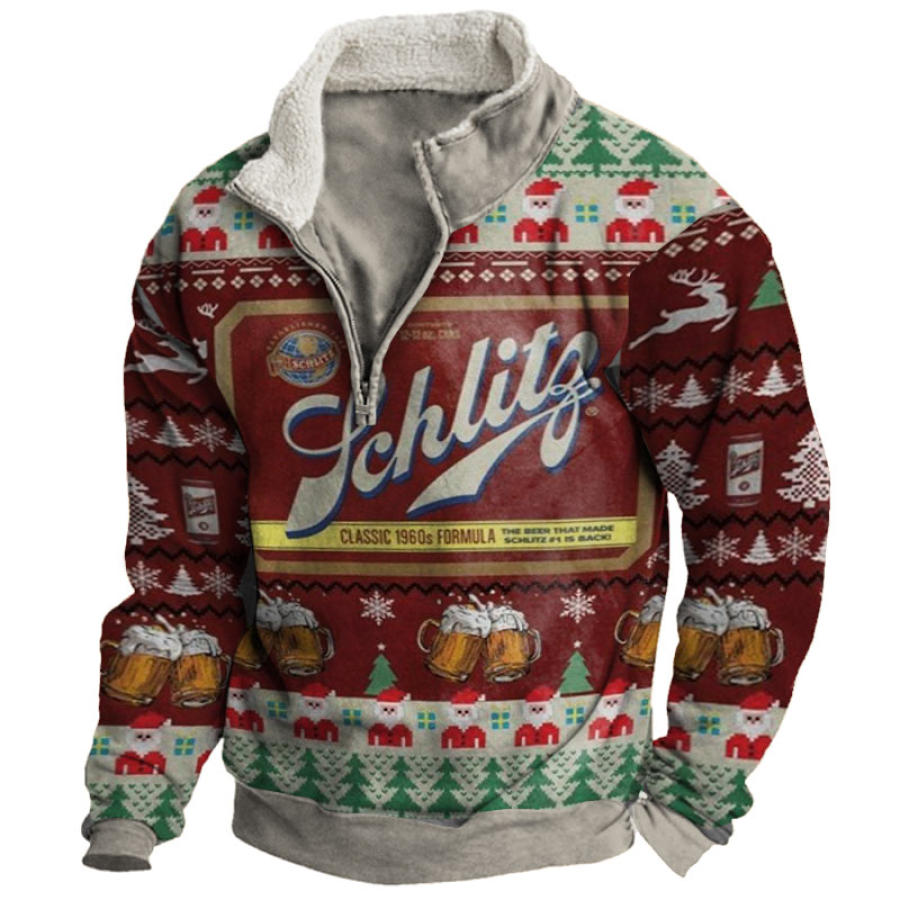 

Herren Retro-Plüsch-Sweatshirt Mit Halboffenem Kragen Und Bier-Ugly-Weihnachts-Sweatshirt