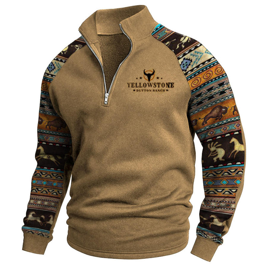 

Herren-Sweatshirt Mit 1/4-Reißverschluss Retro-Ethno-Muster Gelber Steindruck