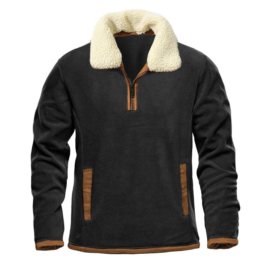 

Sudadera Para Hombre Cuello De Felpa Vintage Forro Polar Cremallera De Un Cuarto Bolsillo De Color En Contraste