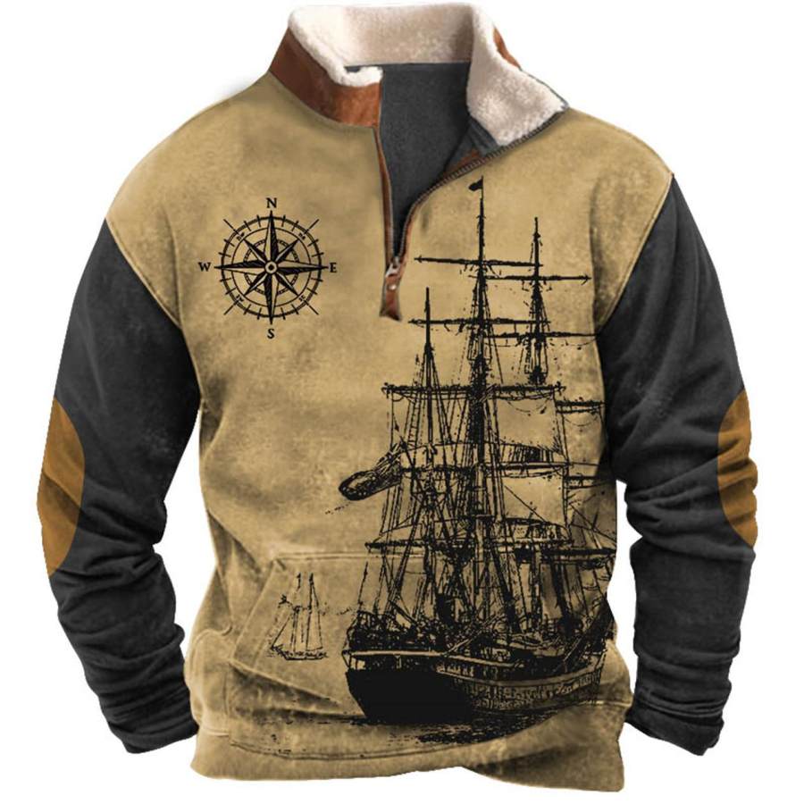 

Men's Sweatshirt Quarter Zip Nautical Sailing Compass Plush Collar Vintage Daily Tops