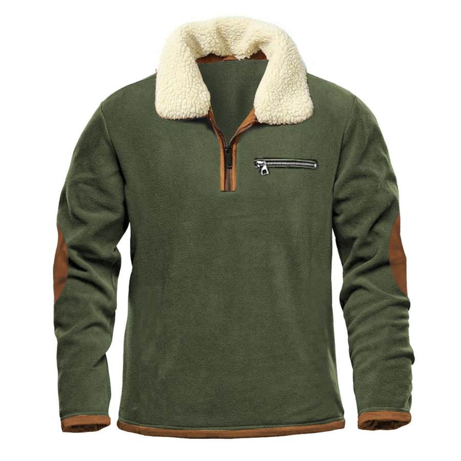 

Sudadera Para Hombre Cuello De Felpa Vintage Forro Polar Cremallera De Un Cuarto Bolsillo De Color En Contraste