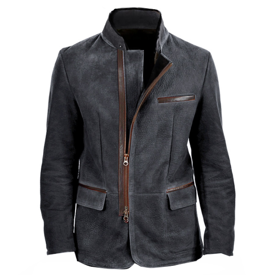 

Мужской винтажный замшевый пиджак с воротником-стойкой и боковой молнией контрастная кожаная куртка на лямках средней длины пальто