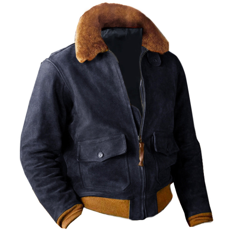 

Men's Vintage Suede Bomber Jacket Outdoor Fur Collar Stand Polo Zip Pockets Coat