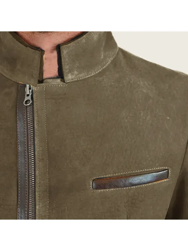 Men Vintage Stand Collar Suede Blazer Side Zip Fly Contrast Leather