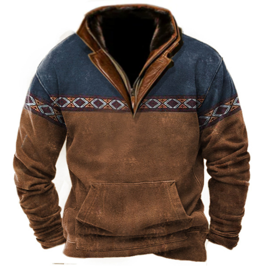 

Sweat-shirt D'hiver Vintage Aztèque Pour Hommes Col Polo En Daim Imprimé Ethnique Manches Raglan Haut Polo