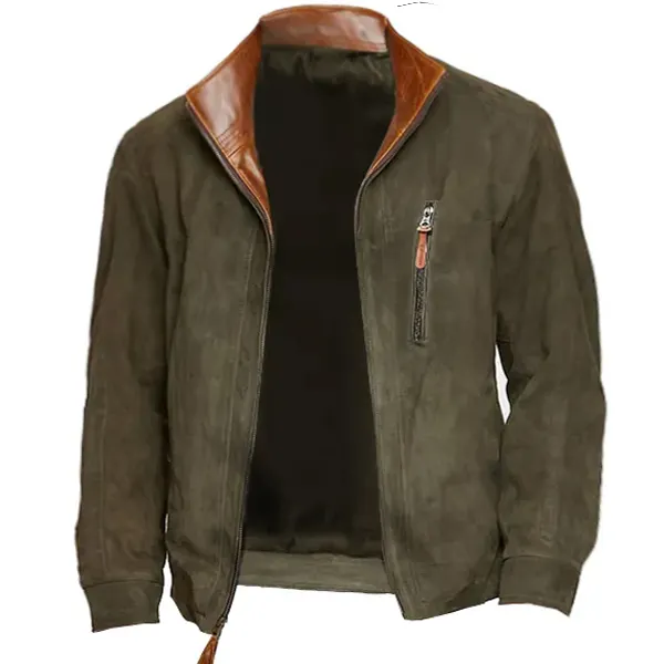 Men's Vintage Suede Bomber Jacket Outdoor Stand Collar Polo Zip Pockets Coat - Cotosen.com