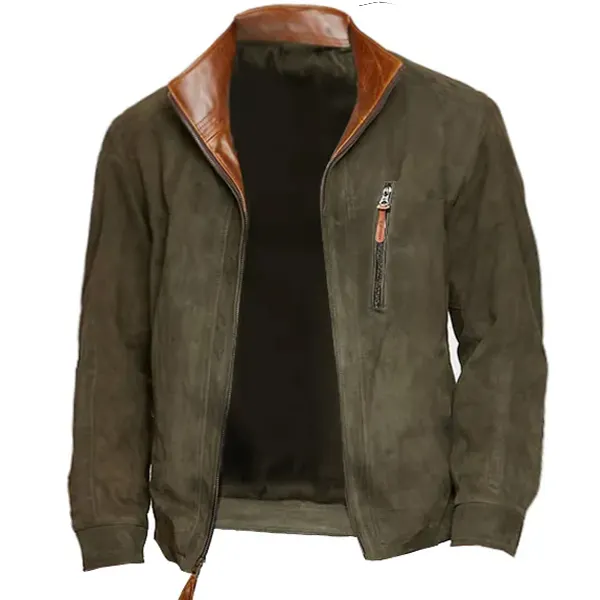 Men's Vintage Suede Bomber Jacket Outdoor Stand Collar Polo Zip Pockets Coat - Cotosen.com 
