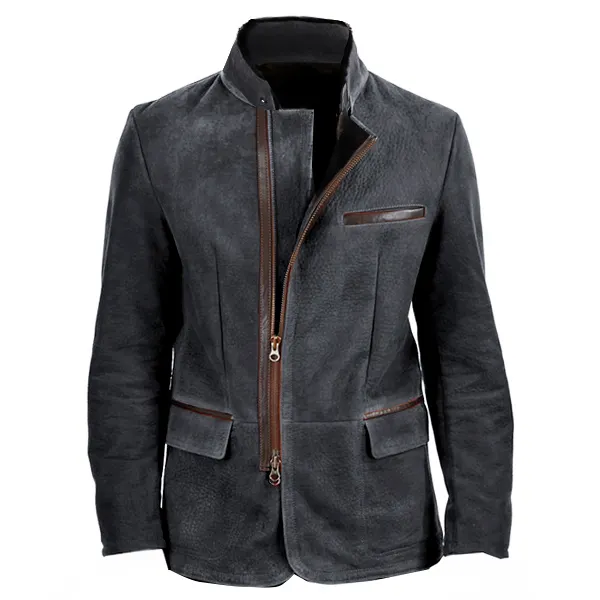Men Vintage Stand Collar Suede Blazer Side Zip Fly Contrast Leather Webbing Medium Length Jacket Coats - Cotosen.com