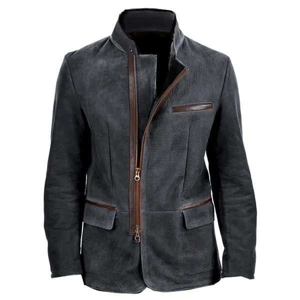 Men Vintage Stand Collar Suede Blazer Side Zip Fly Contrast Leather Webbing Medium Length Jacket Coats - Cotosen.com 