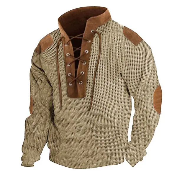 Men's Sweatshirt Waffle Lace-Up Stand Collar Vintage Colorblock Outdoor Daily Tops Khaki - Blaroken.com 