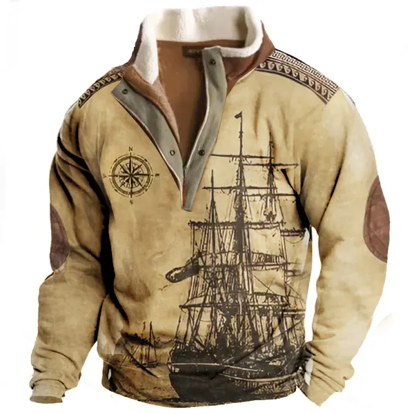 Men's Retro Nautical Sailing Compass Print Zip Stand Collar Sweatshirt Elbow Patch Sweatshirt - Cotosen.com