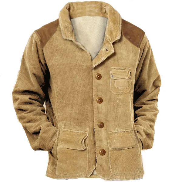 Men Vintage Fleece Corduroy Blazer Lapel Collar Medium Length Multi Pocket Casual Coats - Blaroken.com 