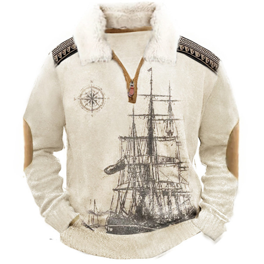 

Men Retro Nautical Sailing Compass Sweater 1/4 Zip Stand Fleece Collar Thick Sweatshirt